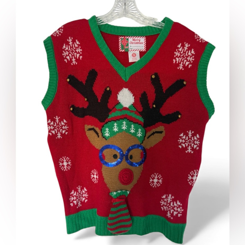 Holiday Time Red and Green V-Neck Ugly Sweater Vest SzS Reindeer